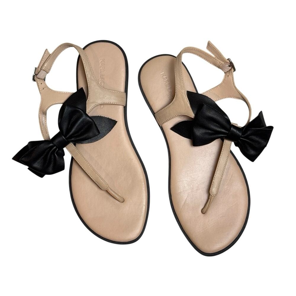 Karl Lagerfeld Paris Tan Leather Sandals with Black Bow Size 7 Excellent Used